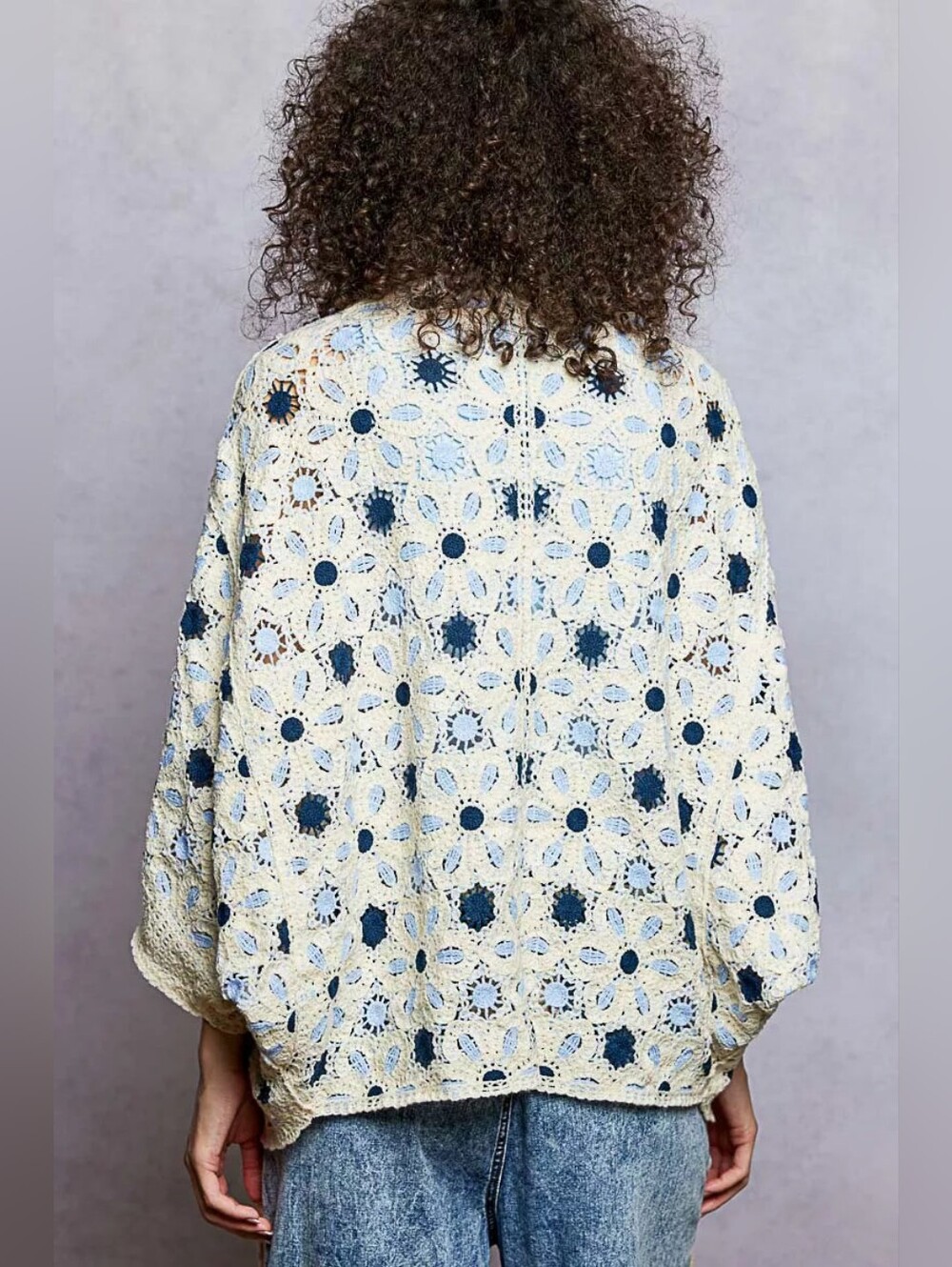 POL Open Front Floral Crochet Blue Cream Boho Kimono Cardigan Cover Up One Size - Picture 4 of 10